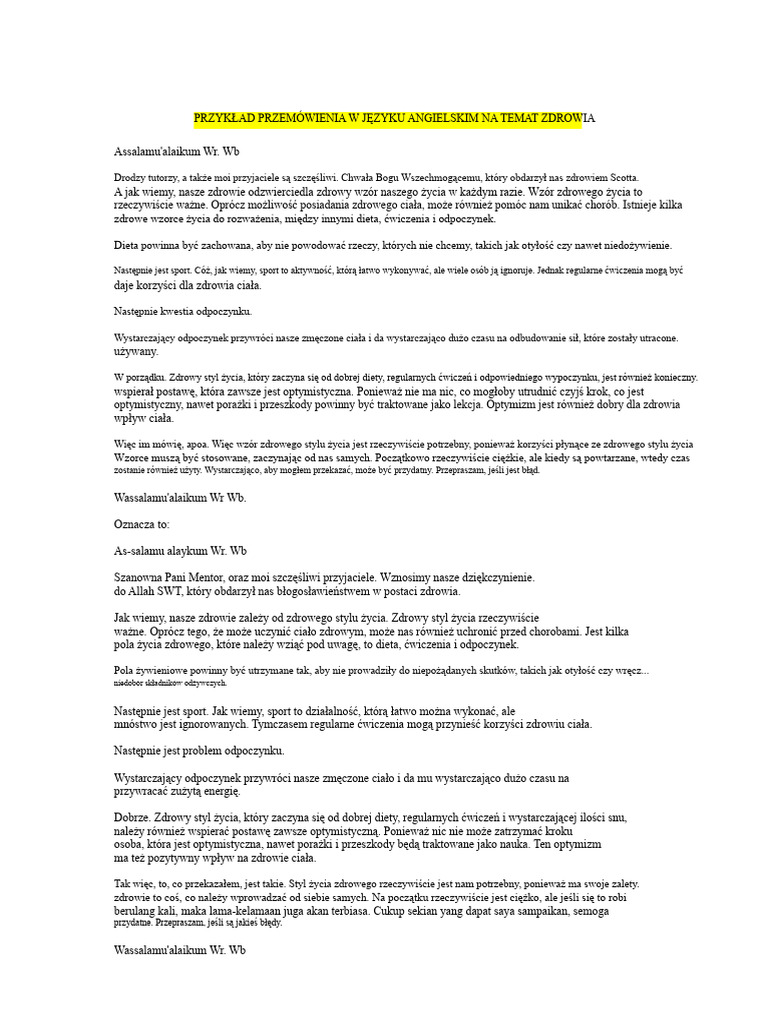 PRZYK AD PRZEM WIENIA W J ZYKU ANGIELSKIM NA TEMAT ZDROWIA PDF