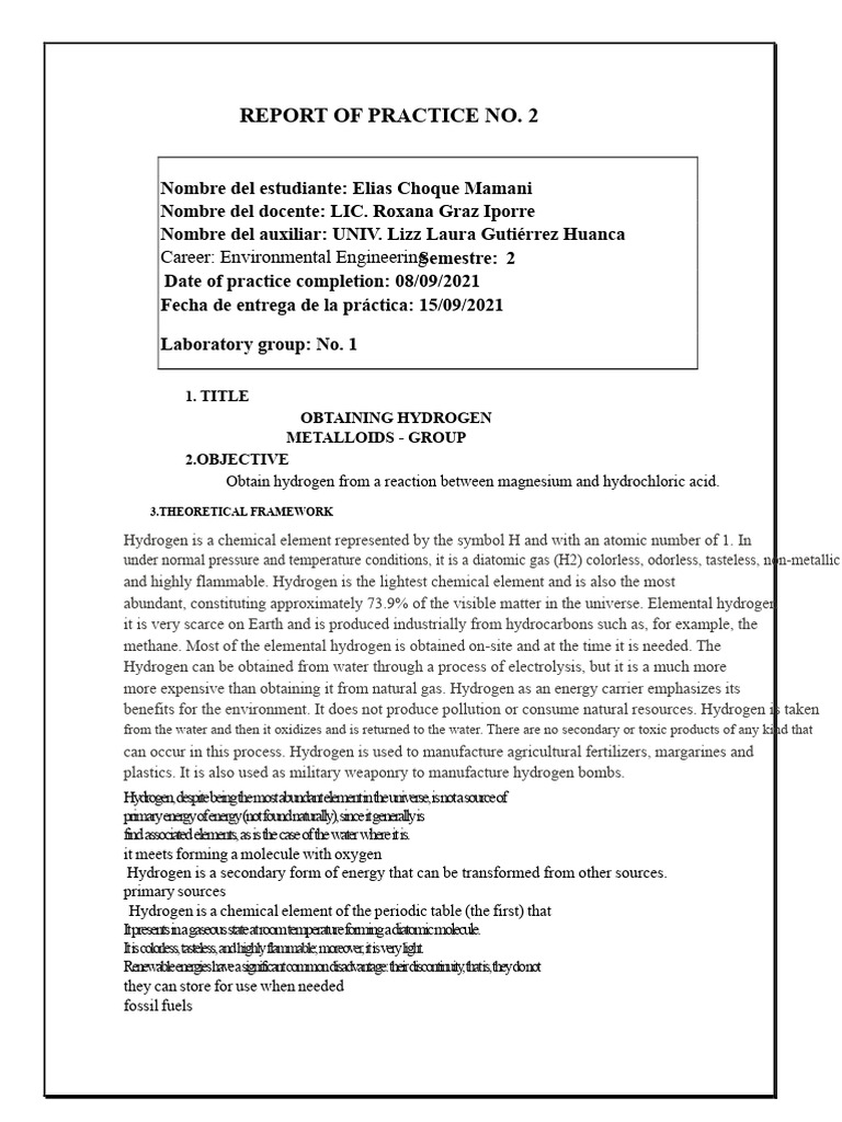 Report of Practice No. 2 | PDF | Hydrogen | Proton