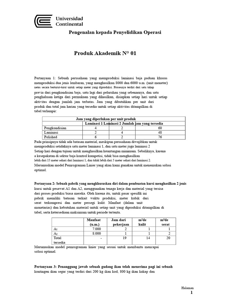 Model Pemrograman Linier untuk Optimalisasi Produksi | PDF