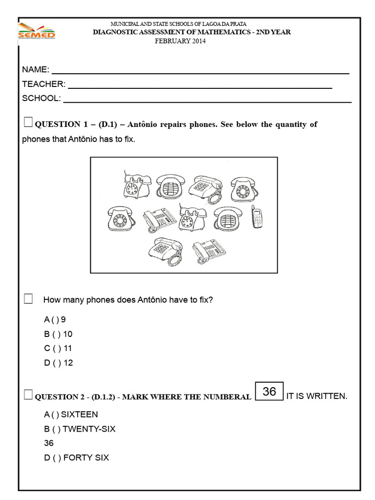 2nd Year Math Assessment Lagoa da Prata | PDF | Mathematics