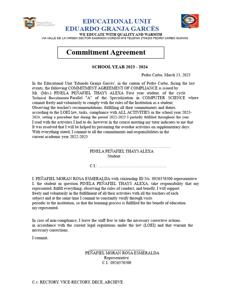 Commitment Agreement for Student Success | PDF