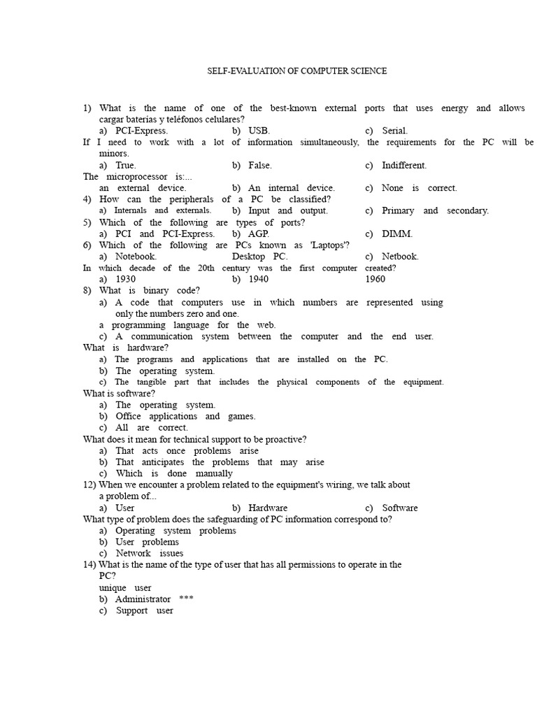 Self-assessment of Computer Science | PDF | Personal Computers | Laptop