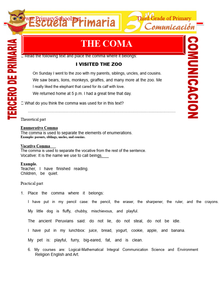 Classes of Coma For Third Grade of Primary | PDF
