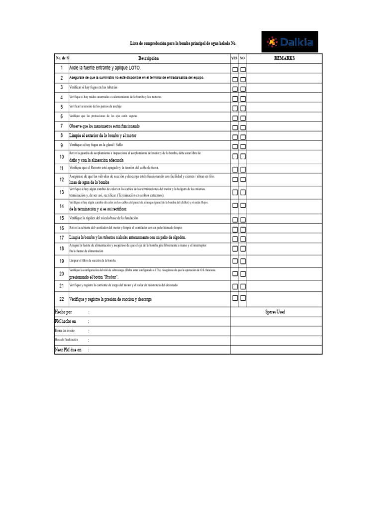 Checklist Mantenimiento Bomba Agua Helada | PDF | Bomba | Fuente de ...