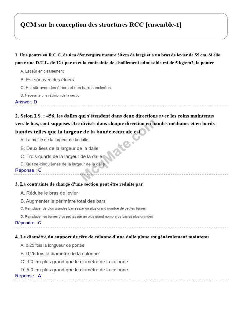 QCM sur la conception des structures RCC | PDF | Flexion (matériau ...