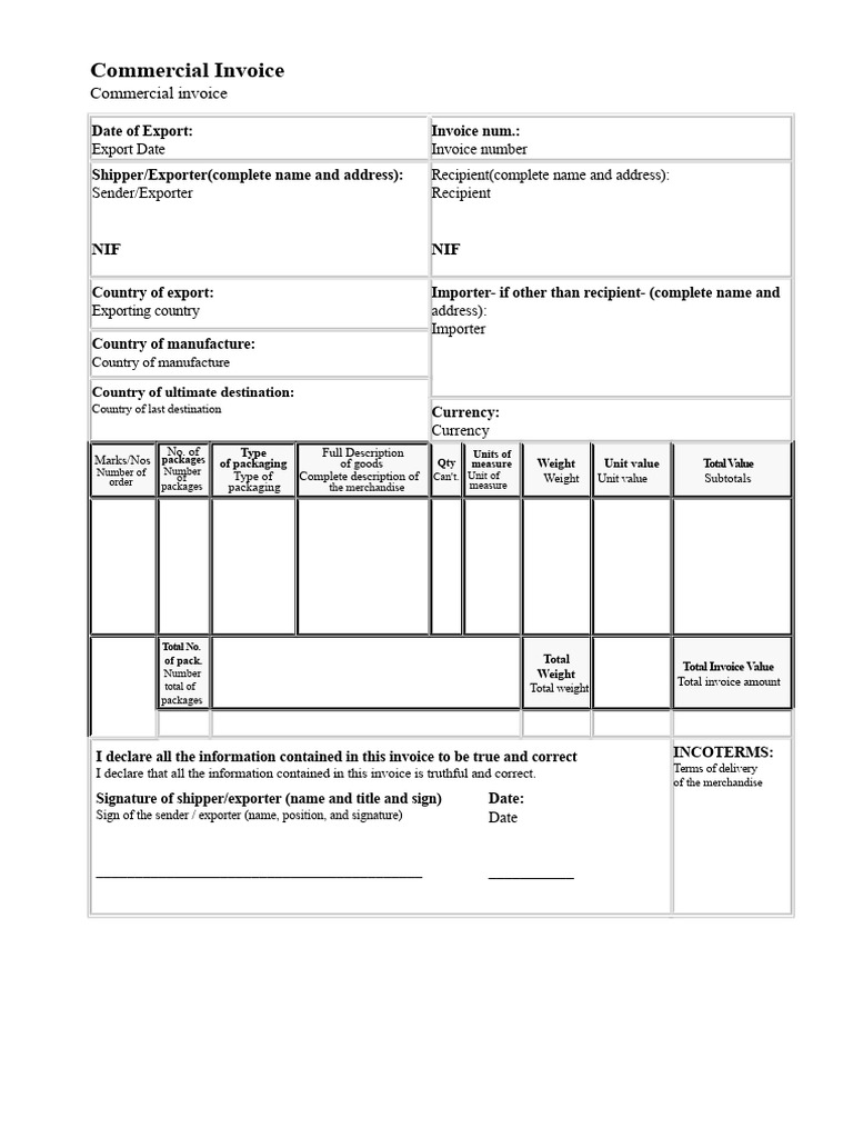 Commercial Invoice Template for Export | PDF