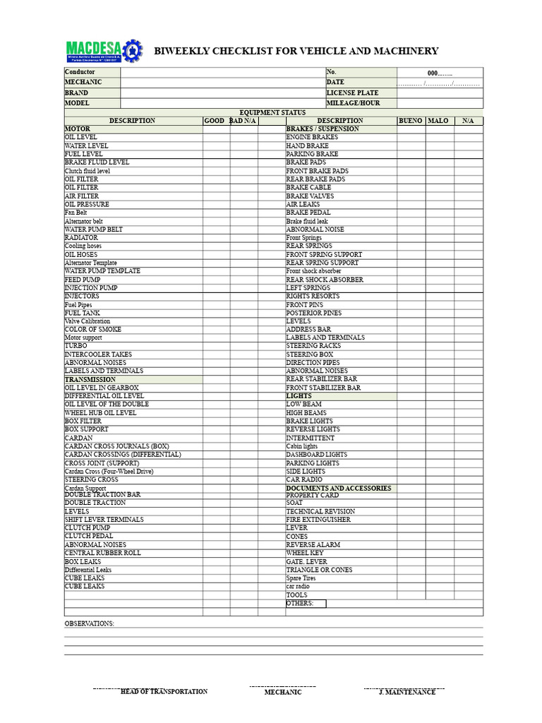 Vehicle Daily Checklist | PDF | Brake | Vehicles