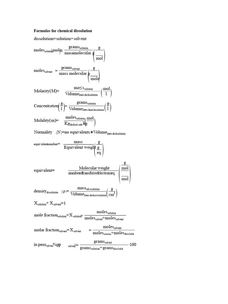 Chemical Dissolution Formulas Guide | PDF | Mole (Unit) | Physical ...