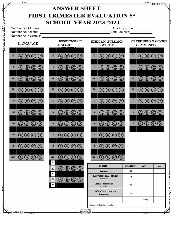 3rd Trimester Answer Sheet DARUKEL 2023-2024 | PDF | Cognition ...