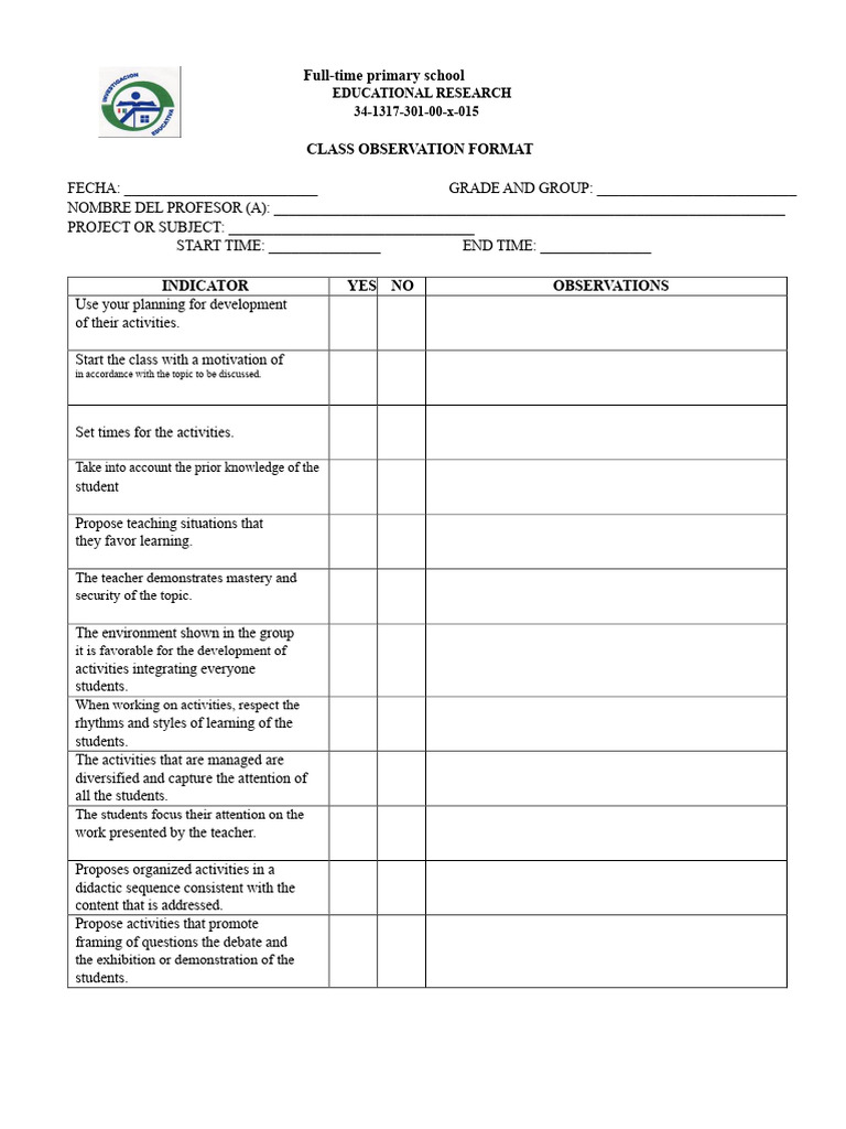 Class Observation Format Pdf Learning Teachers