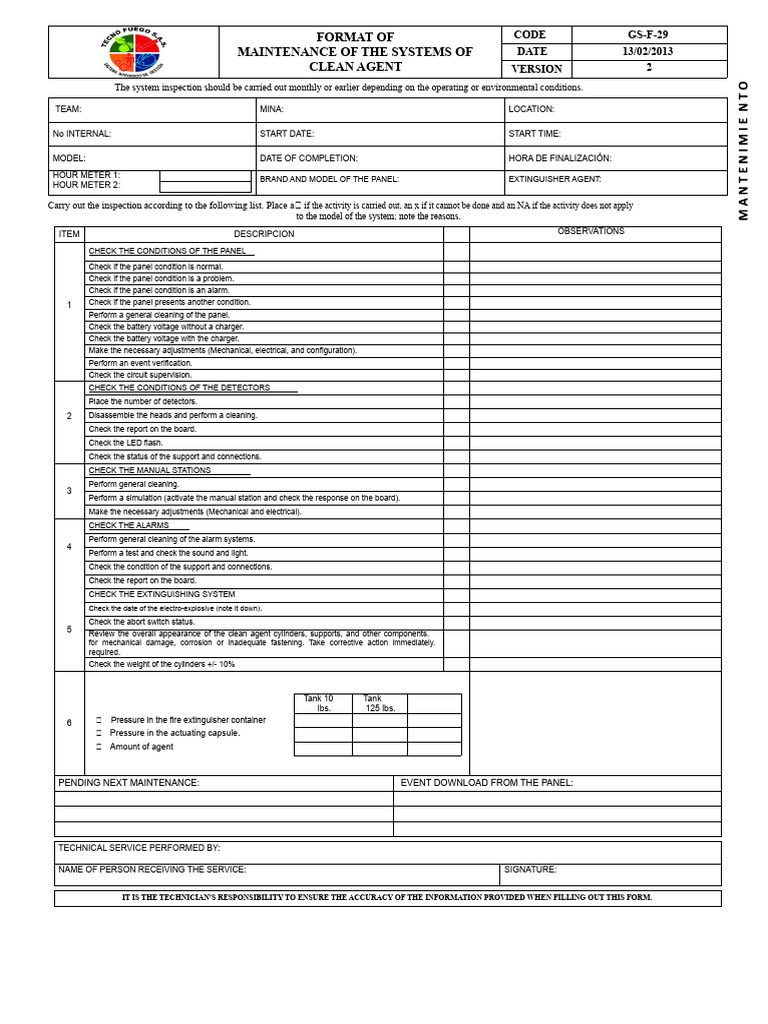Clean Agent System Maintenance Checklist | PDF | Battery Charger ...