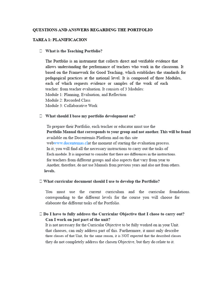 QUESTIONS AND ANSWERS REGARDING THE PORTFOLIO TASK PLANNING | PDF ...
