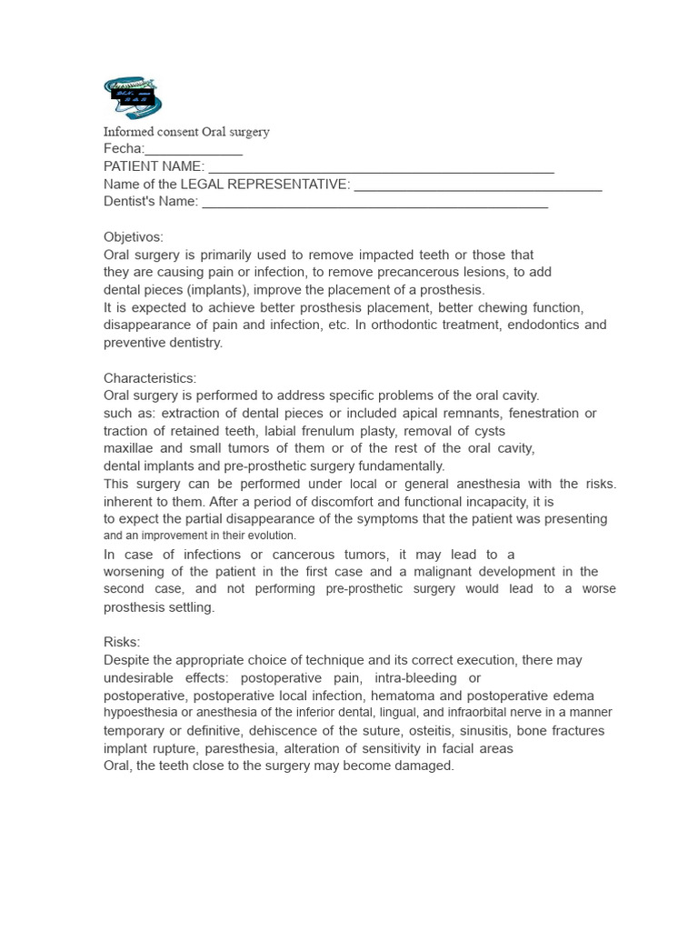 Informed Consent Oral Surgery | PDF | Dentistry | Surgery