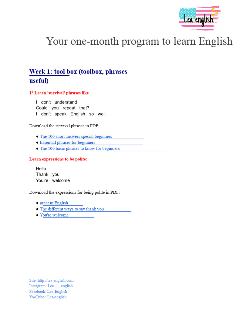 Your One-Month Program To Learn English | PDF | English Language | Phrase