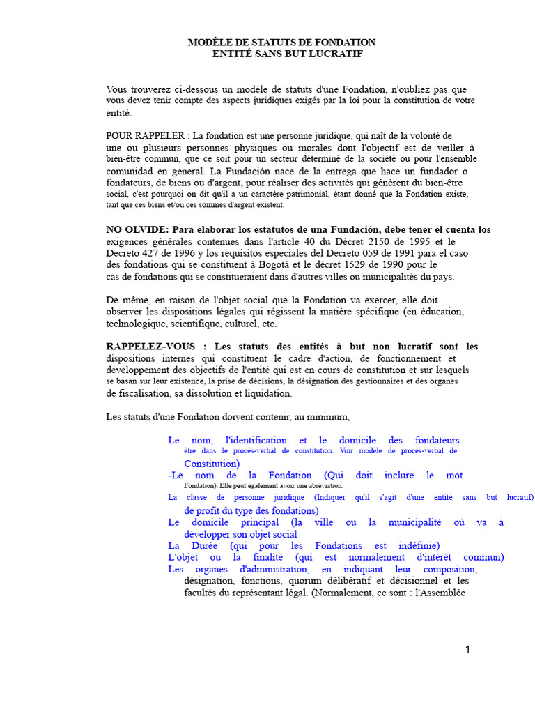 Modèle de Statuts pour Fondation Non Lucrative | PDF | Fondation (Non ...