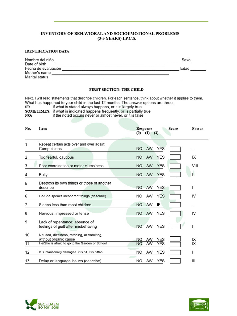 Behavioral Issues Inventory for Ages 3-5 | PDF | Psychological Concepts ...