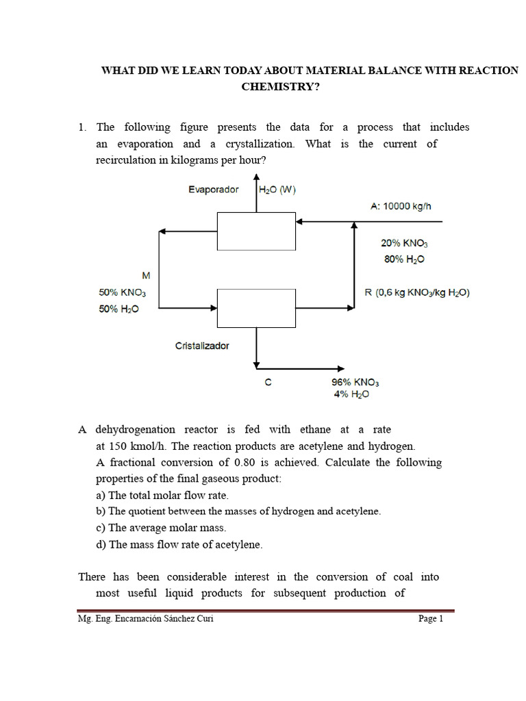 What We Learned Today About Material Balance With Chemical Reaction PDF ...