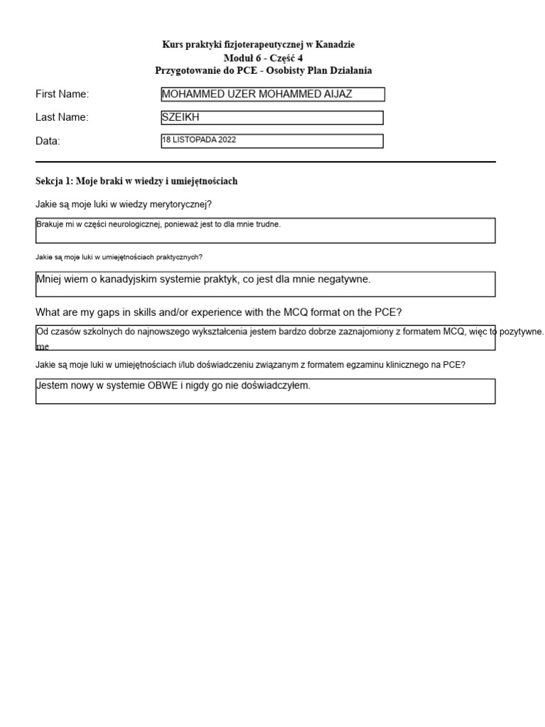 Plan Działań Przygotowawczych PCE | PDF