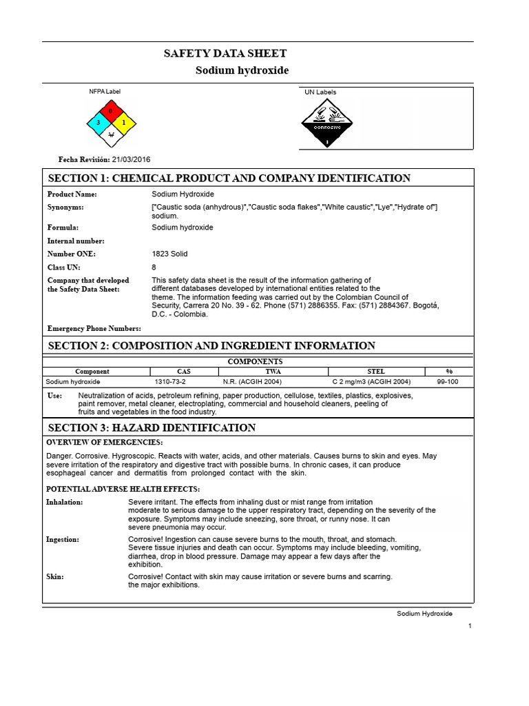 Sodium Hydroxide Safety Data Sheet | PDF | Sodium Hydroxide | Sodium