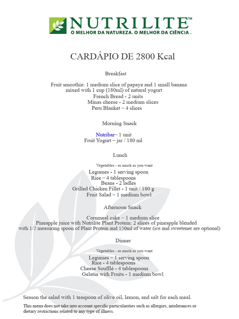 2800 Kcal Meal Plan with Substitutions | PDF | Lunch | Breads