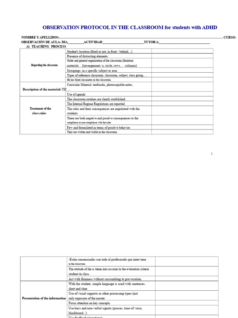 Observation Protocol in The Classroom For Students With ADHD | PDF ...