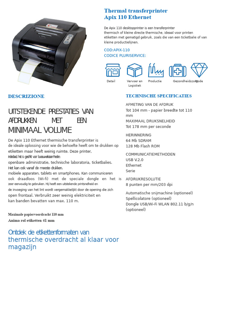 Thermal Transfer Printer Apix 110 Ethernet - Raining Labels | PDF