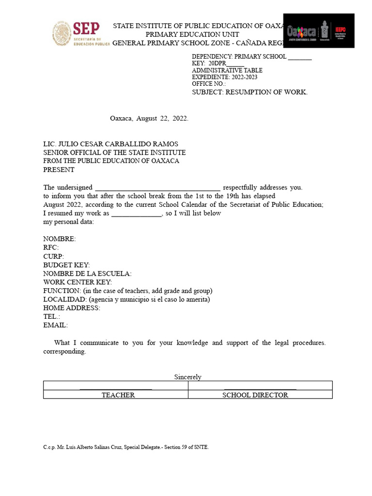 Resumption - of - Work - August - 2022 Format | PDF
