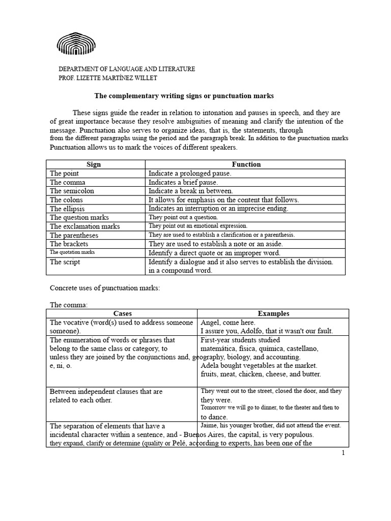 Complementary Writing Signs or Punctuation Marks. | PDF | Punctuation ...