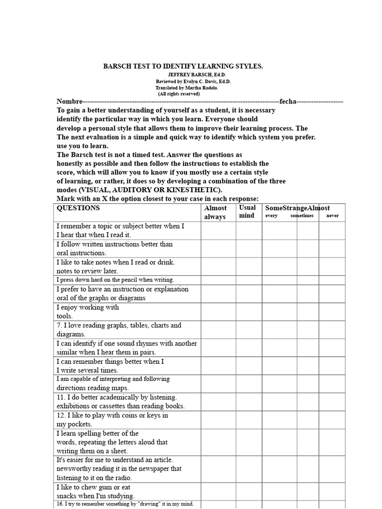 Barsch Test to Identify Learning Styles | PDF | Learning Styles | Cognition