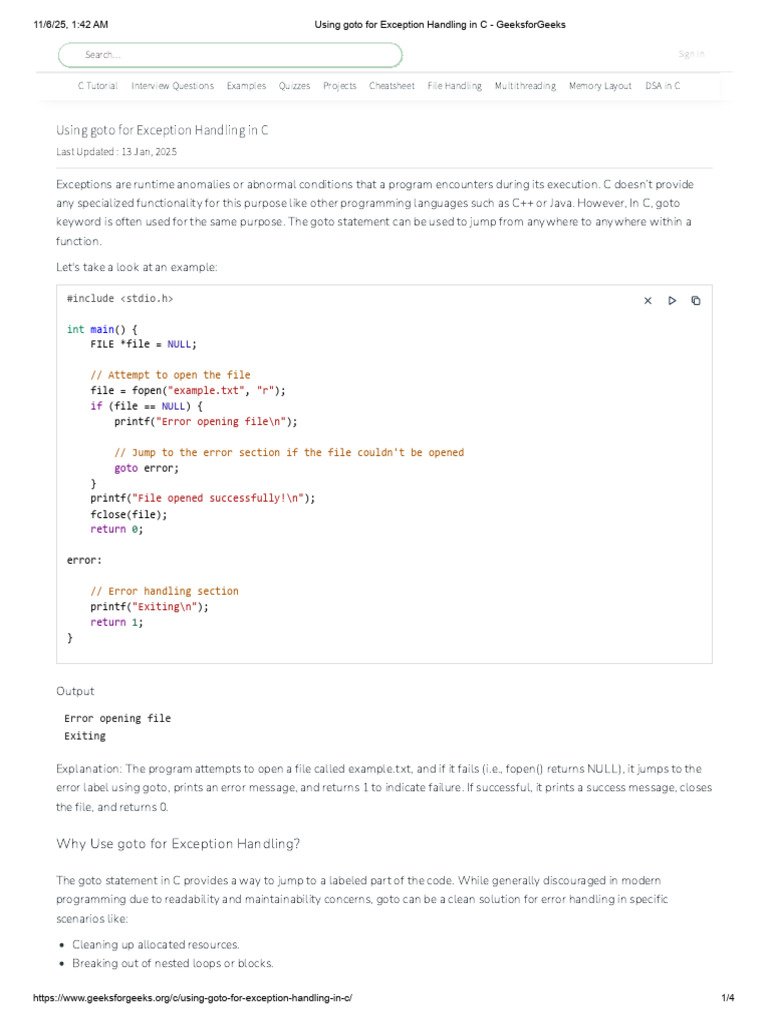 Exception Handling in C with goto | PDF | Control Flow | Computer ...