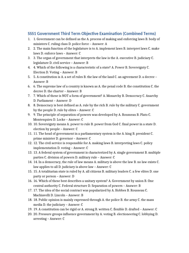 Government Exam Questions and Answers | PDF | Constitution | Democracy