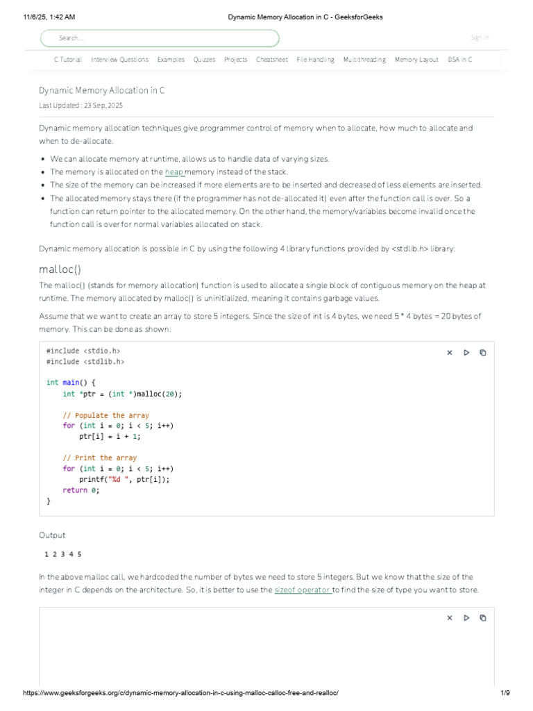Dynamic Memory Allocation in C | PDF | Pointer (Computer Programming ...