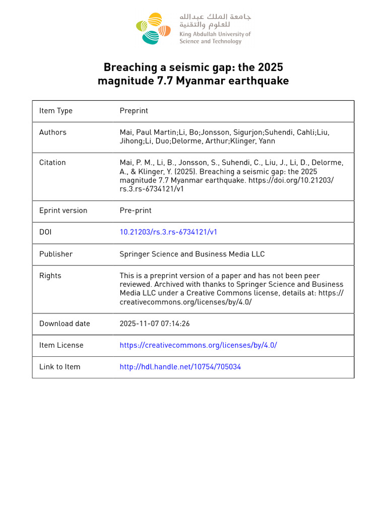 Breaching A Seismic Gap The 2025 Magnitude 7.7 Myanmar Earthquake | PDF ...