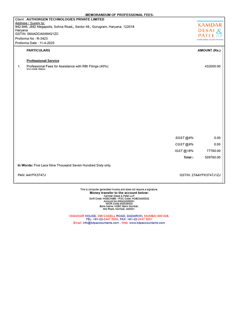 Professional Fees Invoice for AuthorGen | PDF