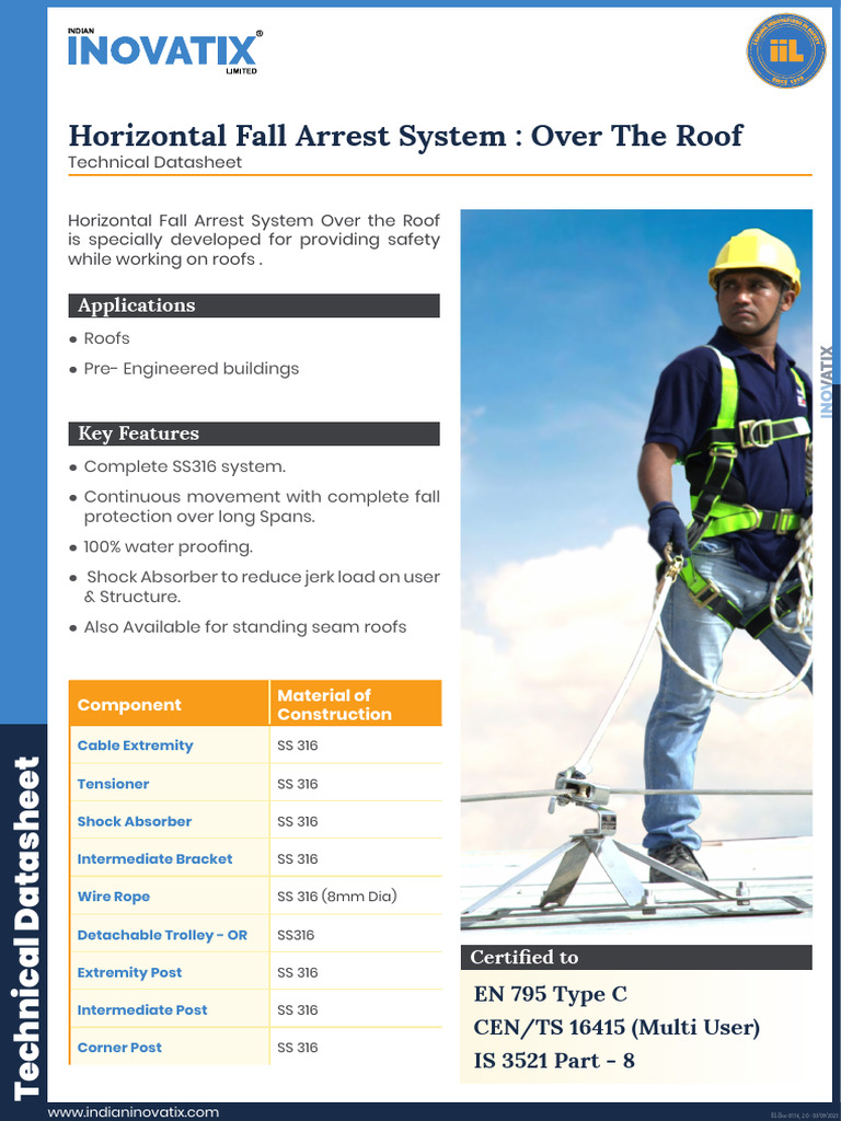 Horizontal Fall Arrest System Datasheet | PDF | Stainless Steel ...