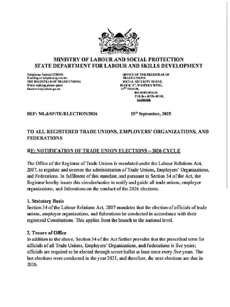 2026 Trade Union Elections Notification | PDF | Government | Justice