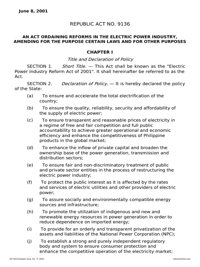 01 Republic Act No. 9136 | PDF | Electrical Grid | Electric Power ...
