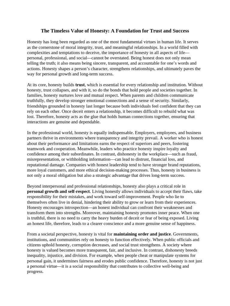 The Importance of Honesty in Life | PDF | Integrity | Social Psychology