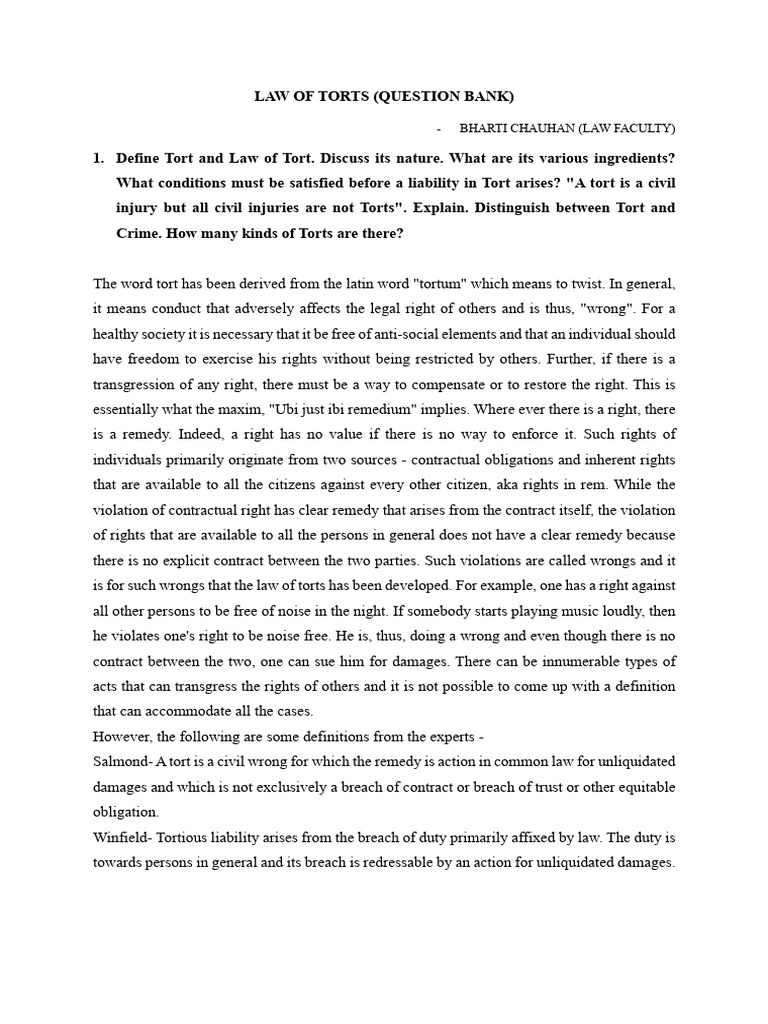 Law of Torts: Key Concepts & Distinctions | PDF | Tort | Damages
