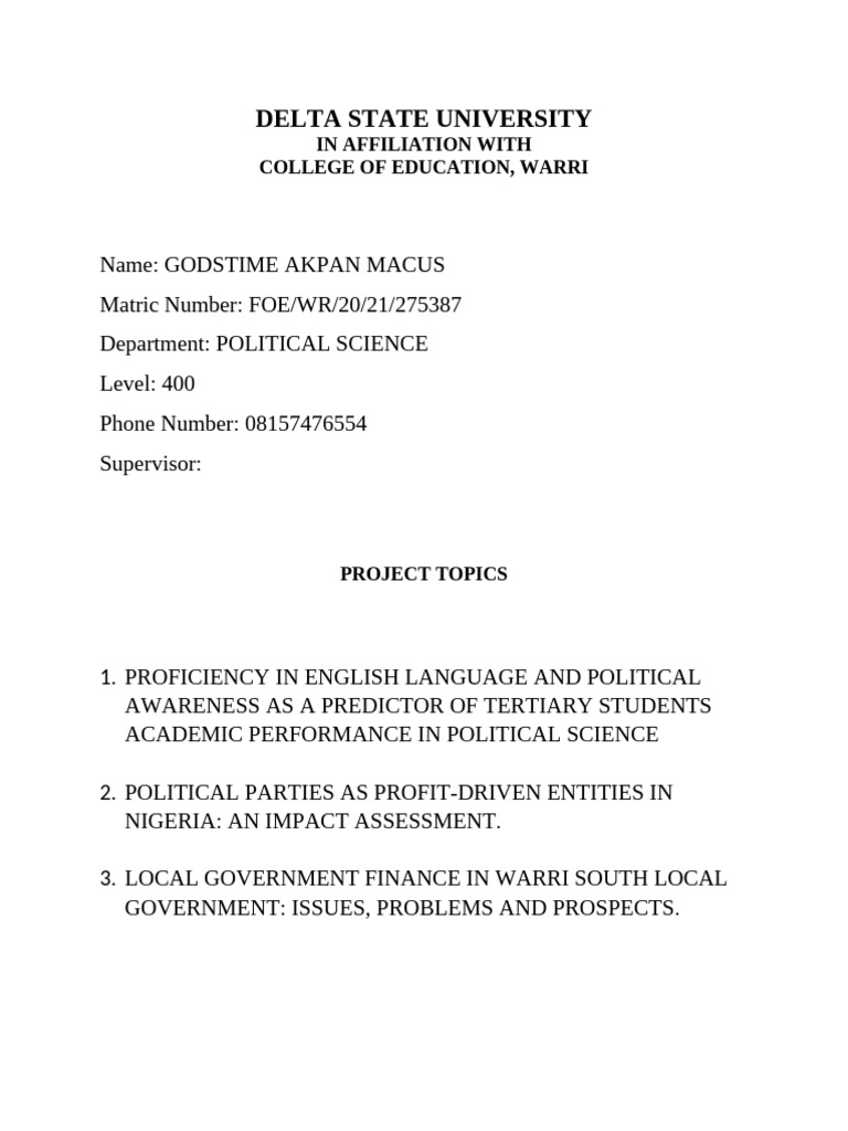 Political Science Project Topics at DSU | PDF