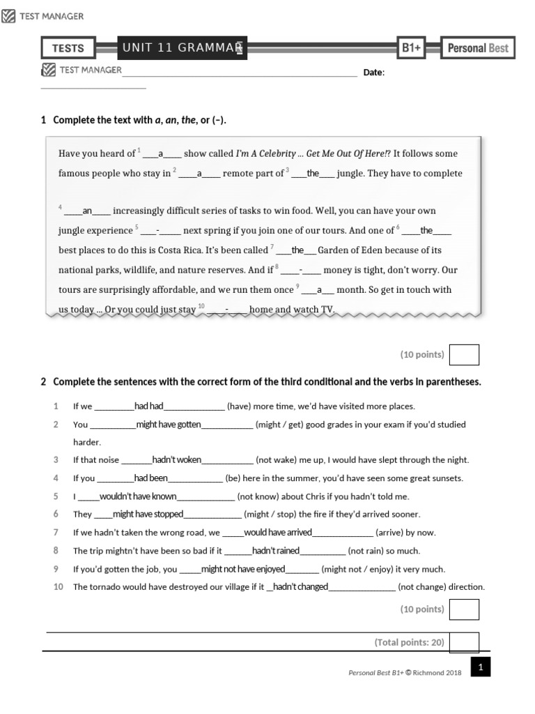Personal Best B1 Unit 11 Grammar Test | PDF | Linguistic Typology ...