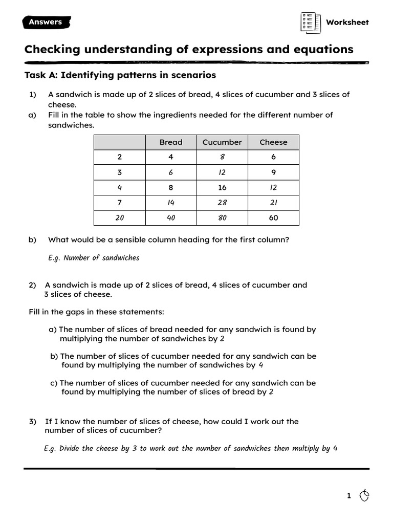 1. Worksheet Answers | PDF | Sandwich | Mathematics