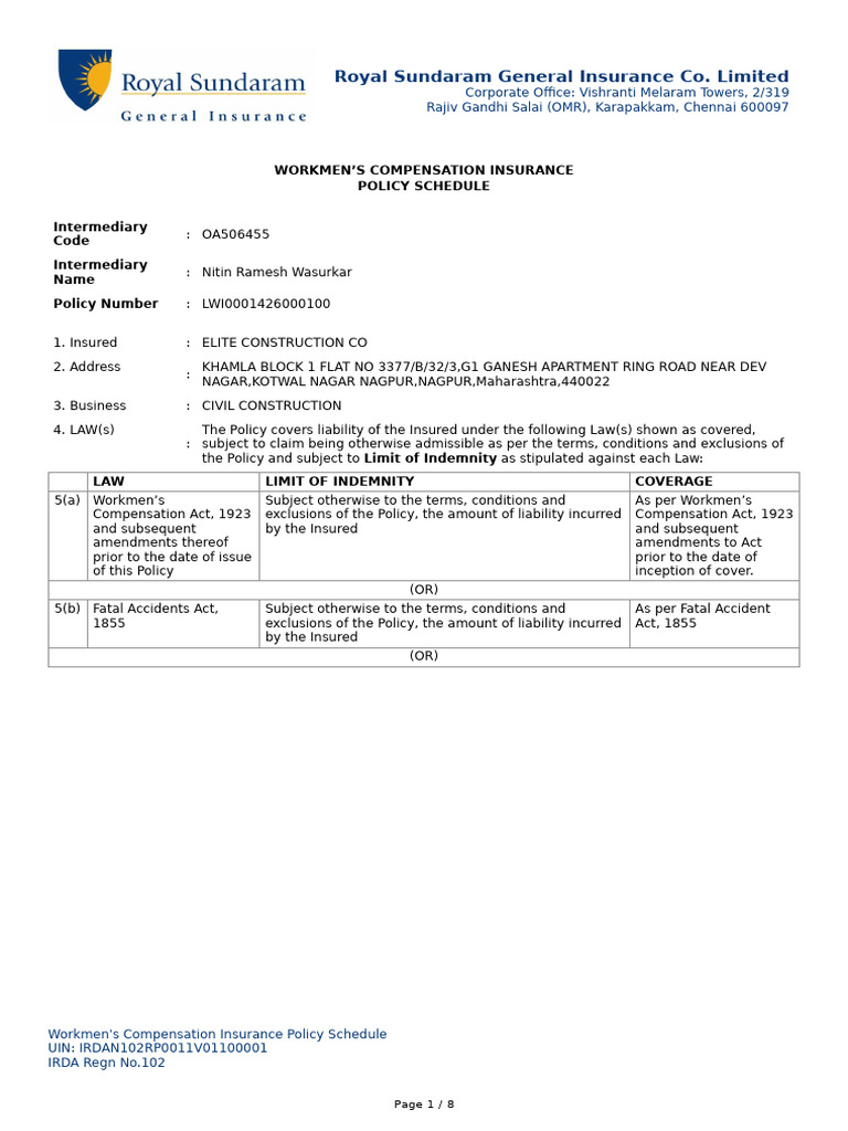 Workmen's Compensation Insurance Policy | PDF | Insurance | Employment