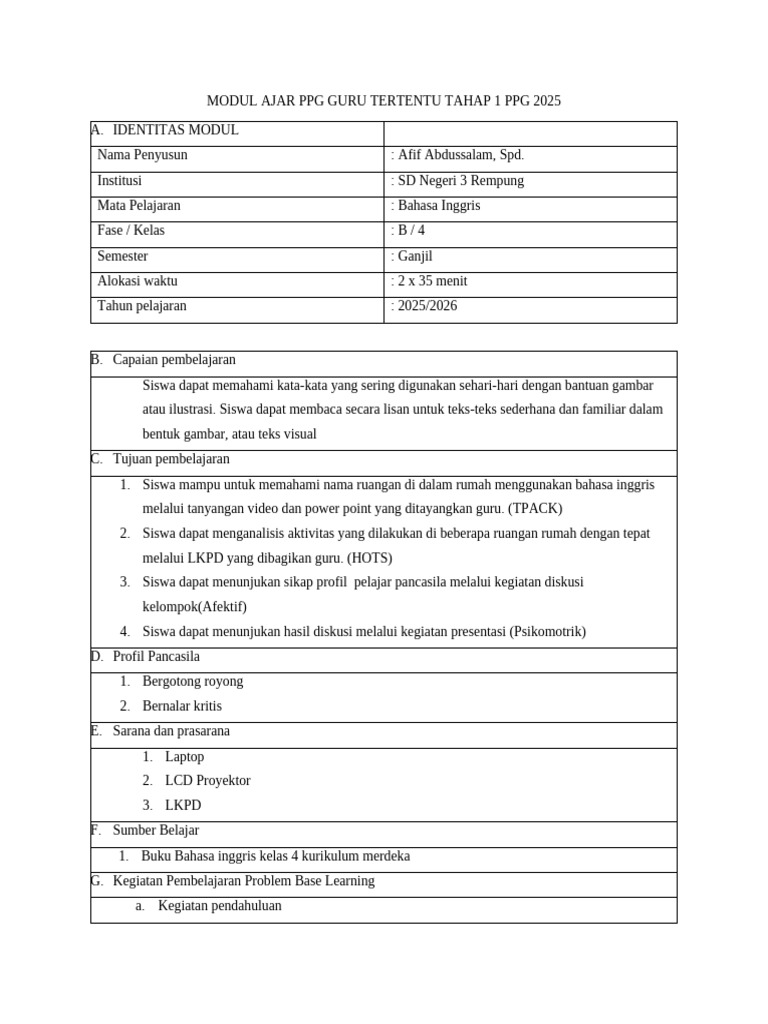 Afif Modul Ajar PPG Guru Tertentu Tahap 1 PPG 2025 | PDF