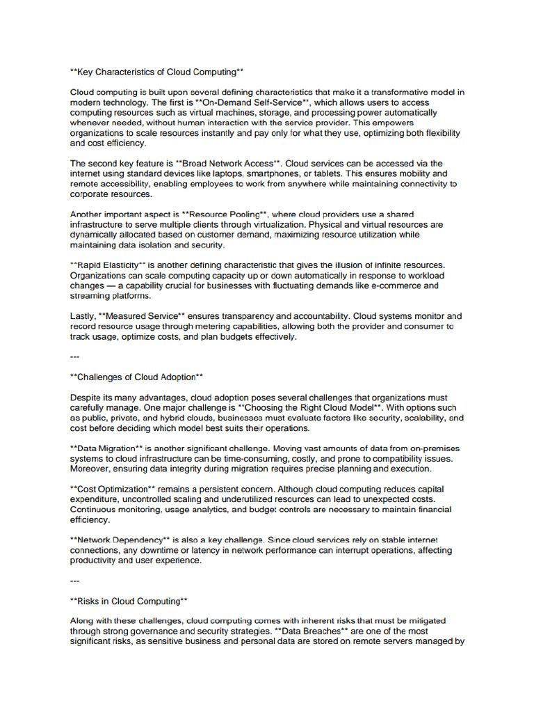 Cloud Characteristics Challenges Risks Detailed | PDF