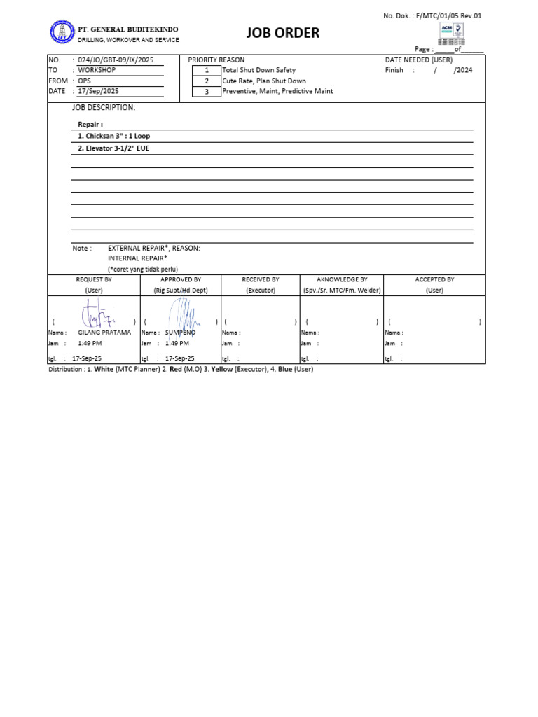 Drilling Service Job Order 024/JO/GBT-09 | PDF