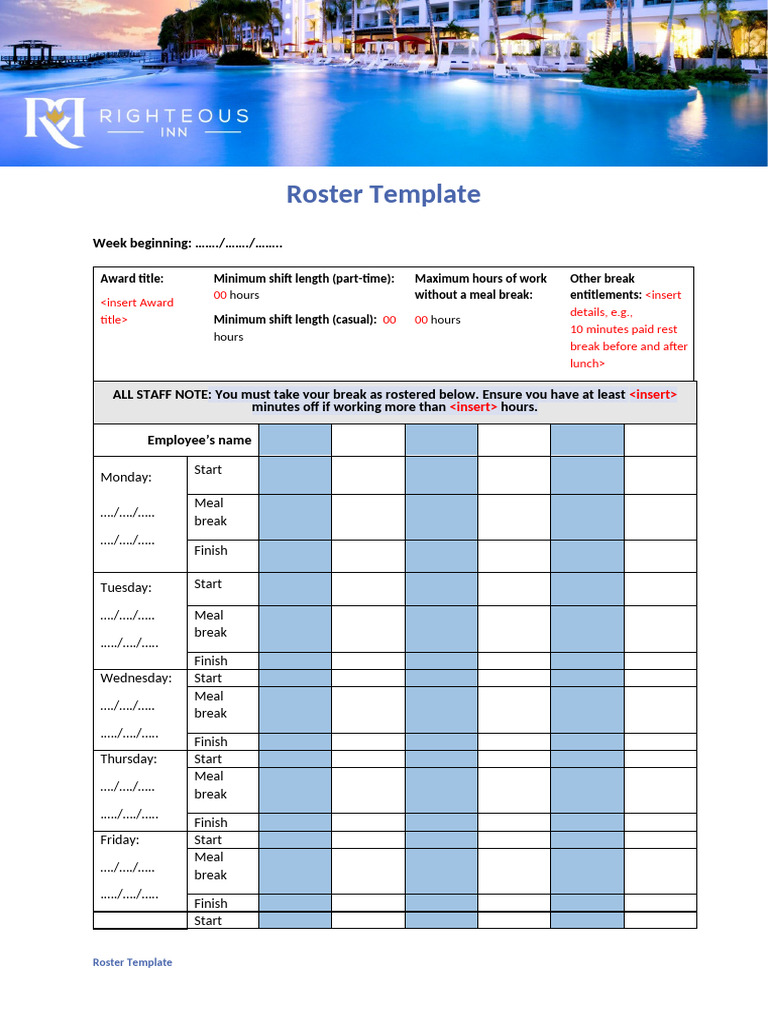 SITXHRM008 Righteous Inn - Roster Template | PDF