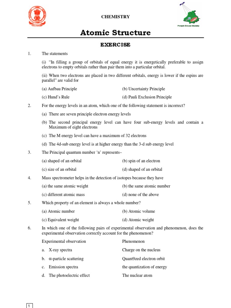 Chemistry Exercises on Atomic Structure | PDF | Periodic Table | Energy ...