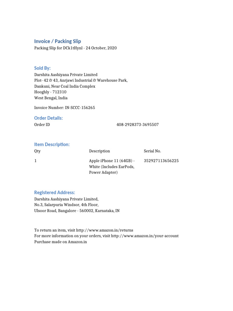 Invoice and Packing Slip for iPhone 11 | PDF