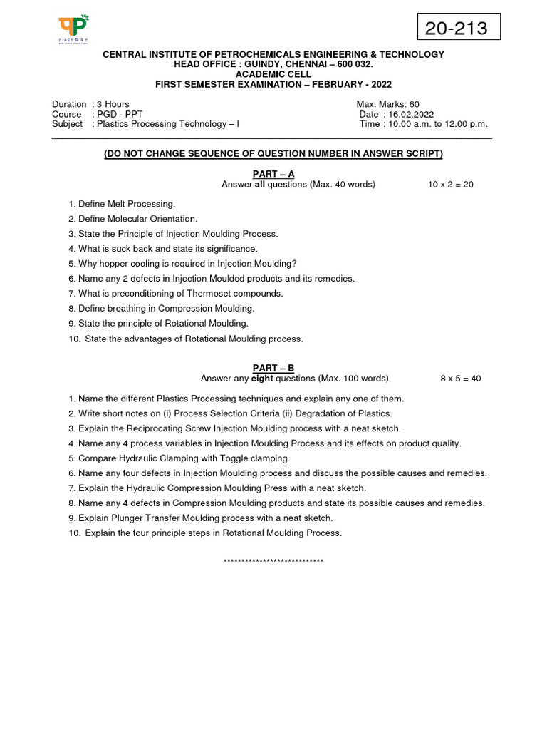 Plastics Processing Exam - Feb 2022 | PDF | Chess | Plastic